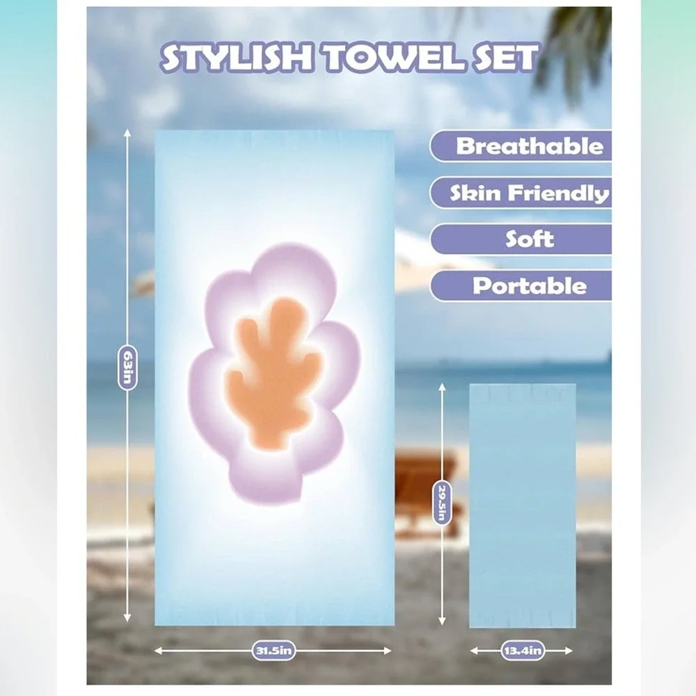 2 pc Microfiber Beach Towels Sand Free Quick Dry Towel Set Lightweight Compact